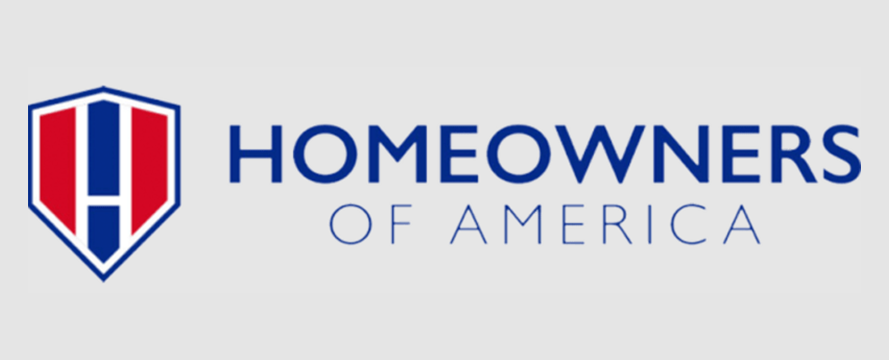 Logo for Homeowners of America: shield with red, blue and white colors and the words