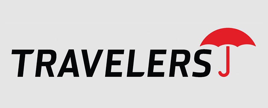 Travelers insurance logo: black text with a red umbrella icon replacing the