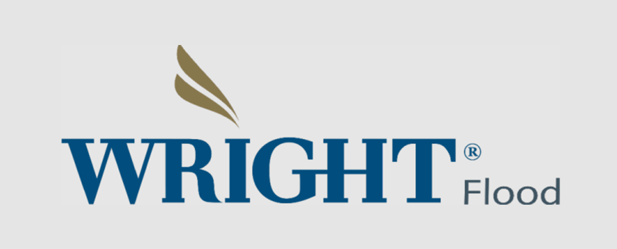 Logo for Wright Flood, with stylized gold feather and navy blue text.