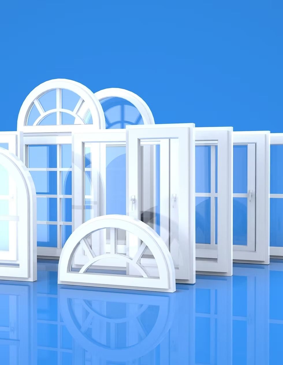 White arched window panels against a bright blue background, reflected on a glossy floor