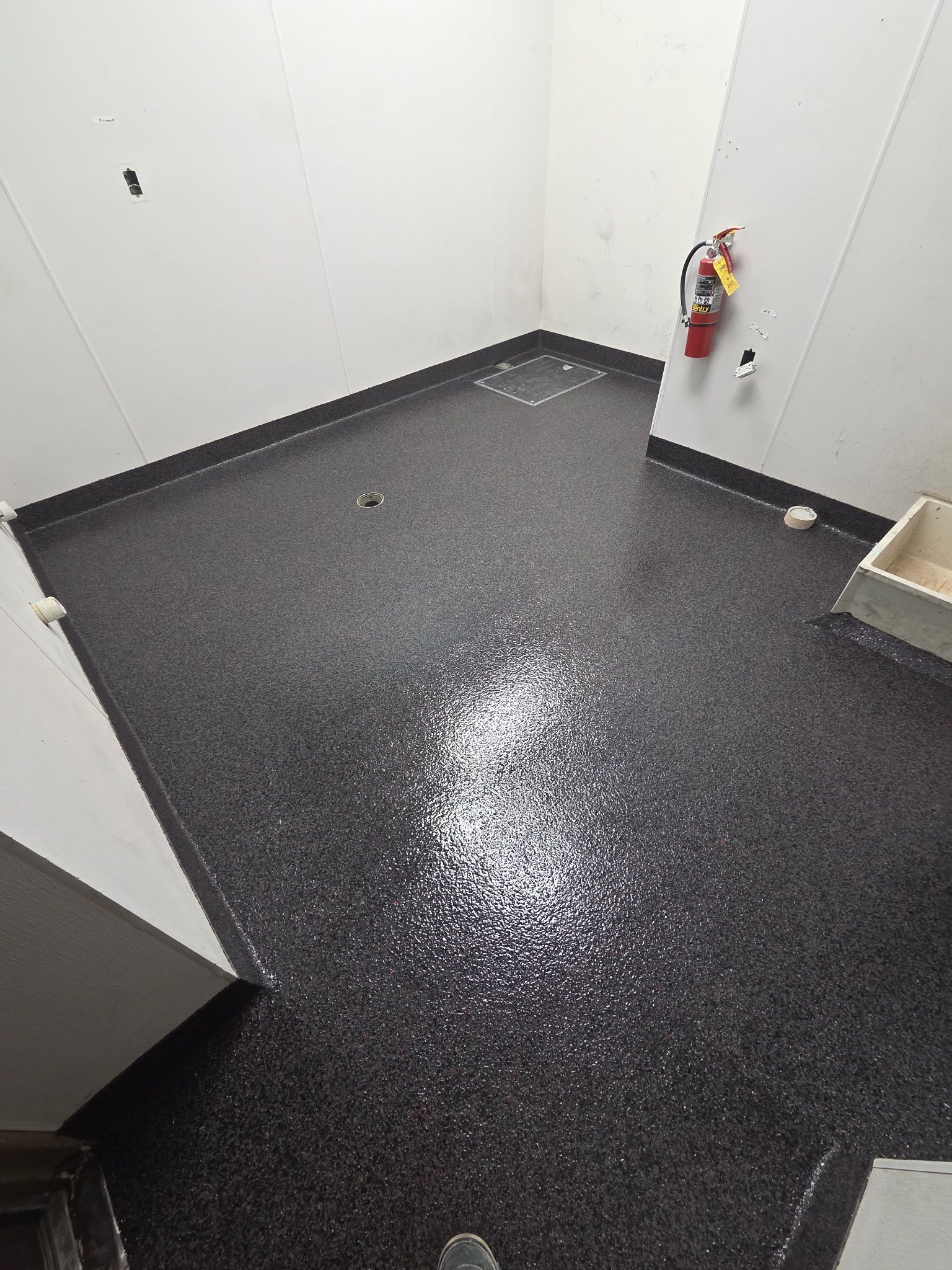 Spilled liquid on a dark floor in a white utility room near a fire extinguisher.