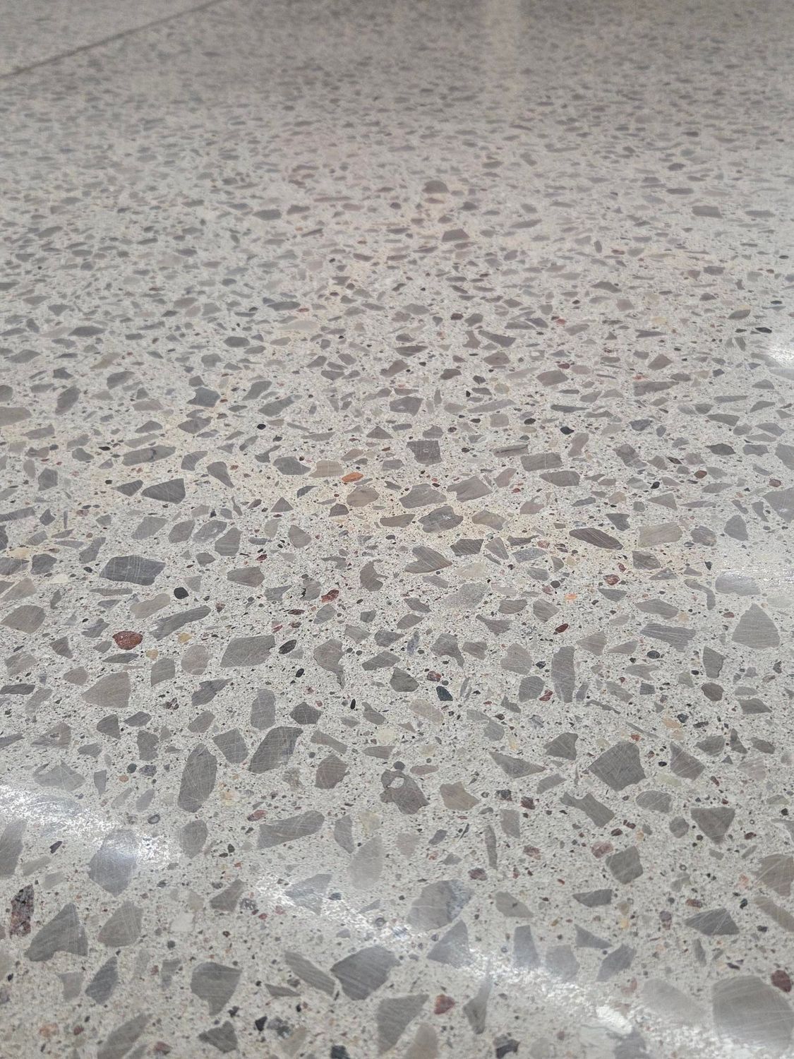 Close-up of a gray speckled terrazzo floor surface