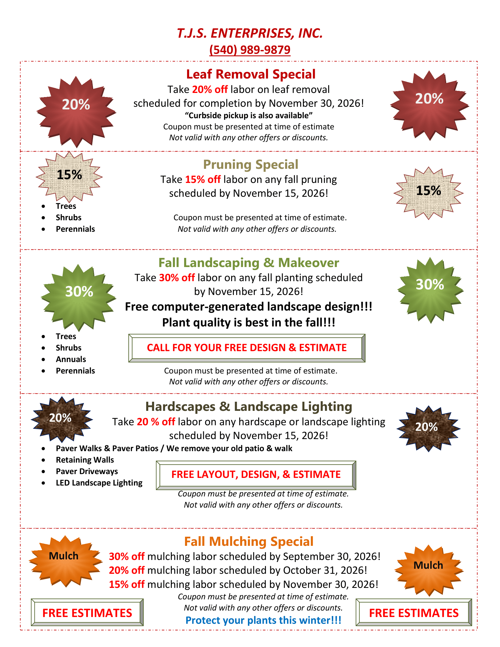 Promotional flyer with multiple sale sections, starburst labels, and product prices on a white background