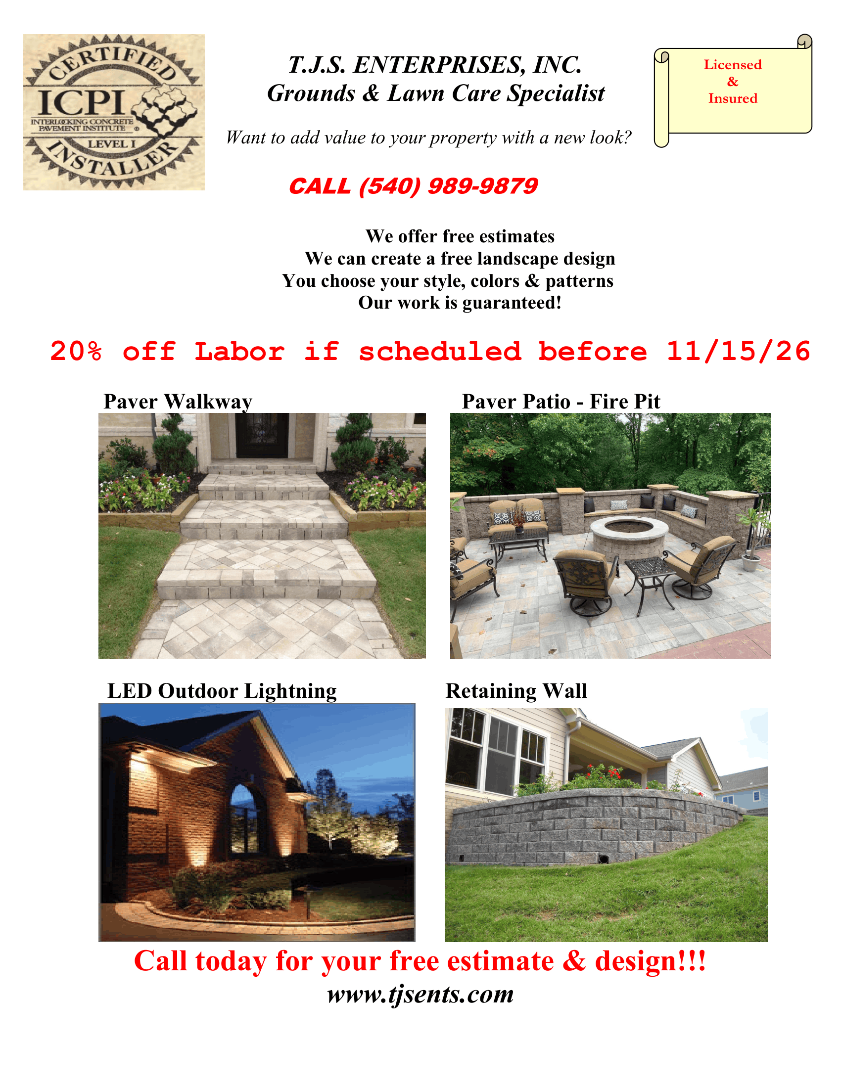 Flyer for a landscape company promoting spring services, with photos of stone steps, patio, wall, and walkway.