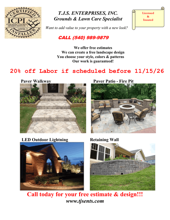 Flyer for a landscape company promoting spring services, with photos of stone steps, patio, wall, and walkway.