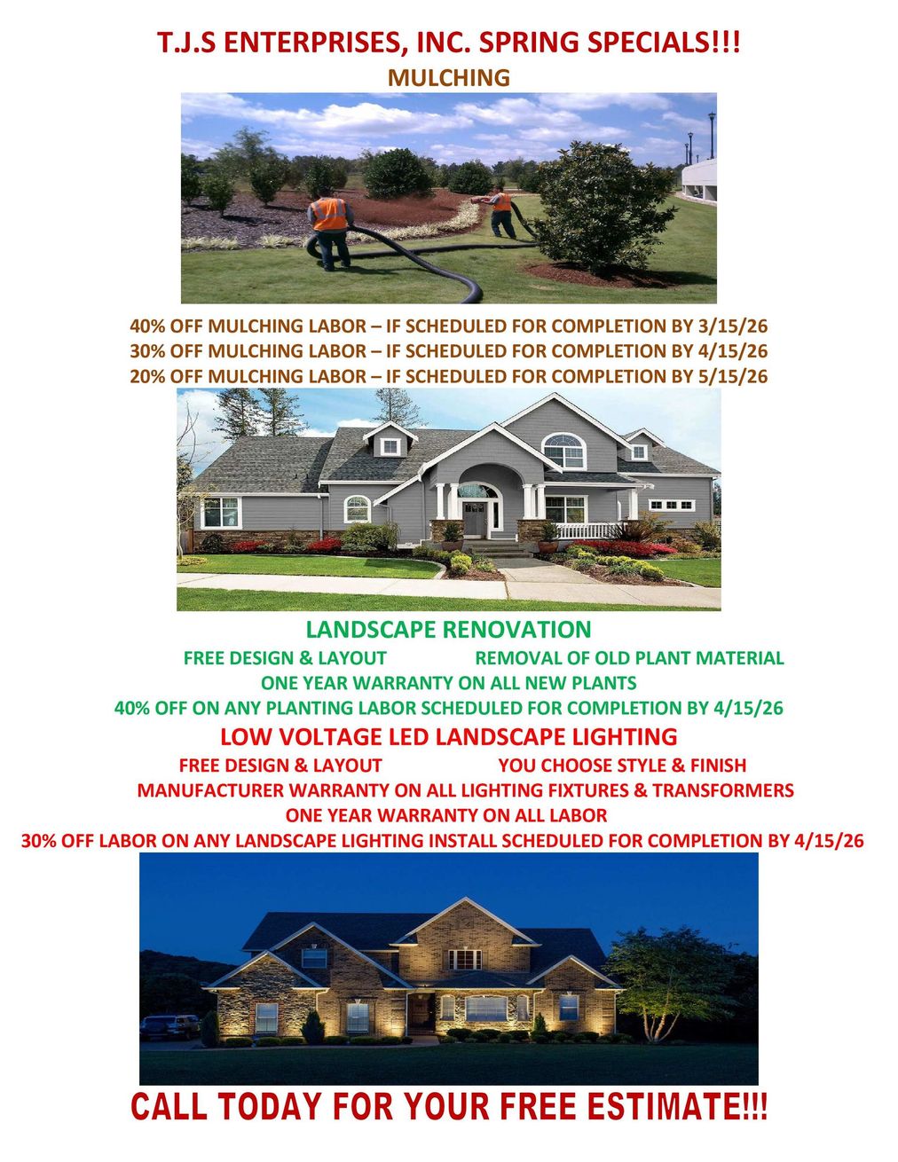 Advertisement for T.J.S Enterprises, Inc. offering discounts on various services. Text on a white background.