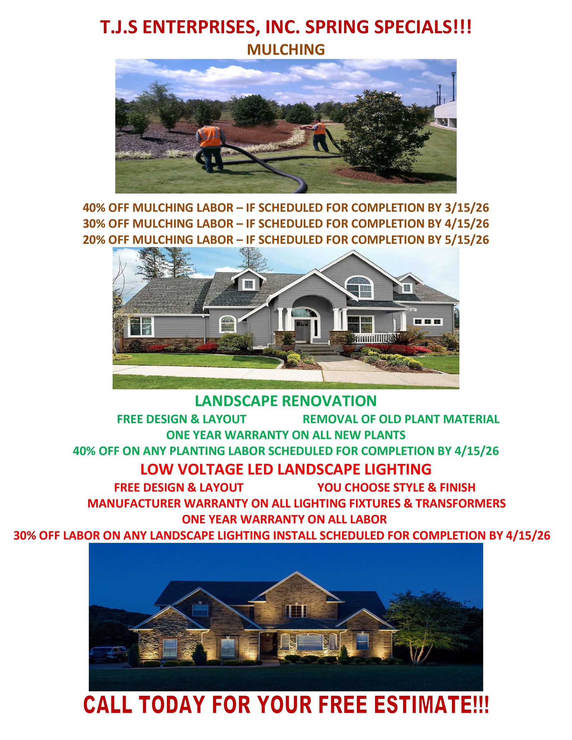 Advertisement for T.J.S Enterprises, Inc. offering discounts on various services. Text on a white background.