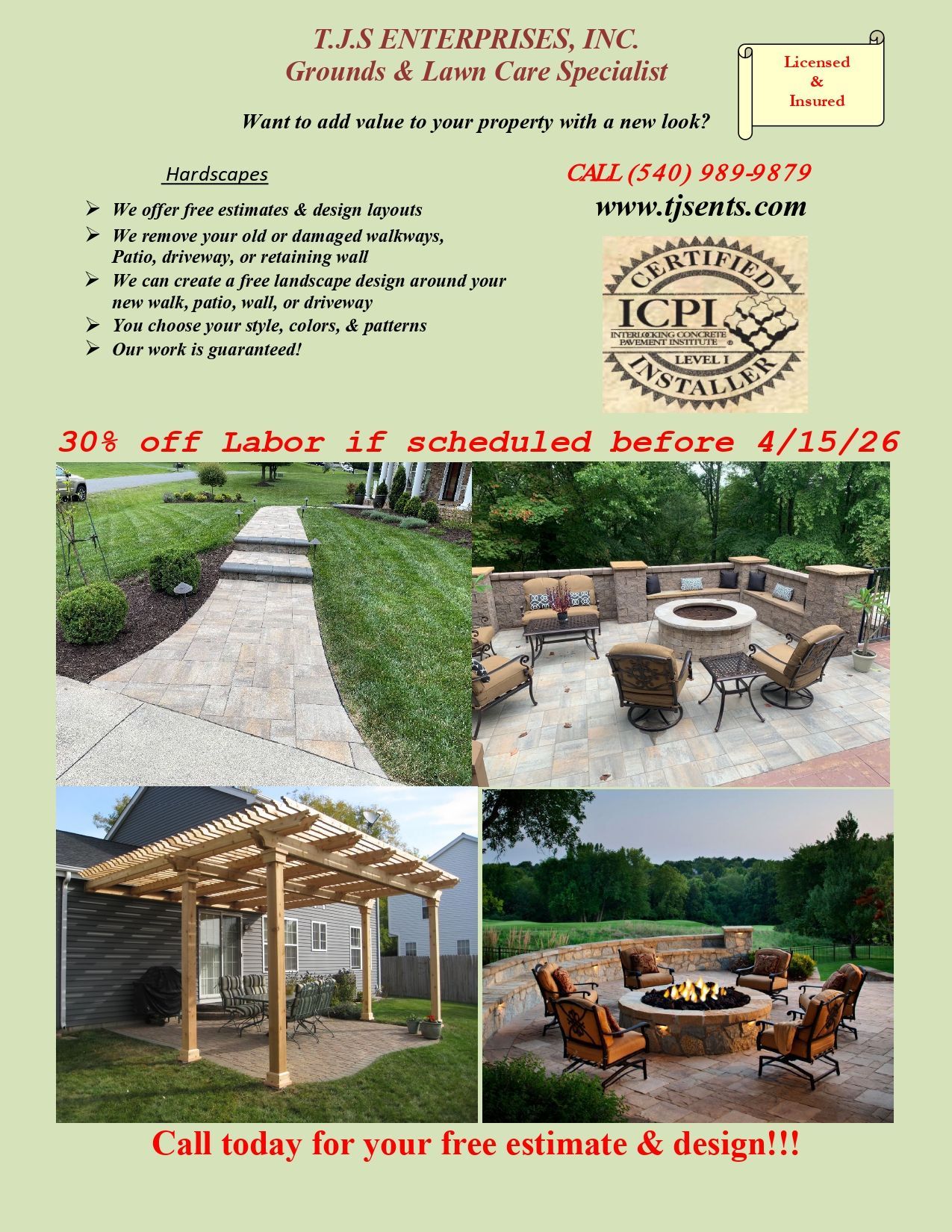 Flyer for Y.L.S. Enterprises, Inc. offers 30% off labor if scheduled before 4/15/26. Features four landscape photos.