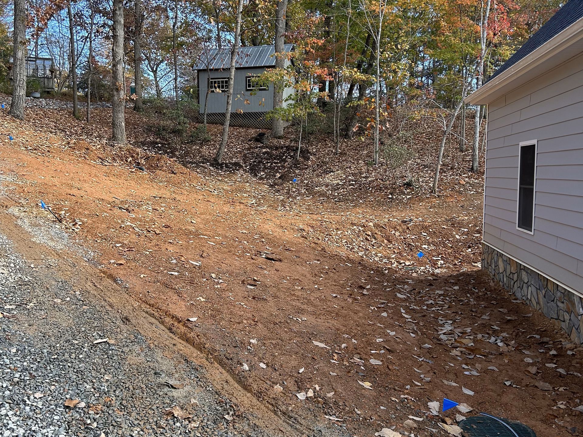 Dirt slope next to a house with shed in background; brown leaves, fall colors.