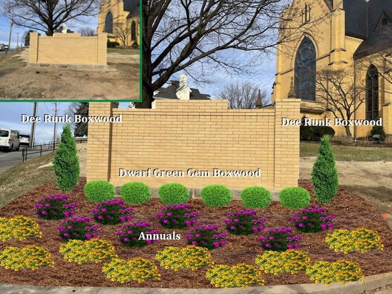 Landscape design rendering featuring a brick wall and plants in front of a church.