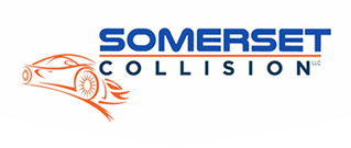 Somerset Collision logo: blue text, stylized orange car, white background.