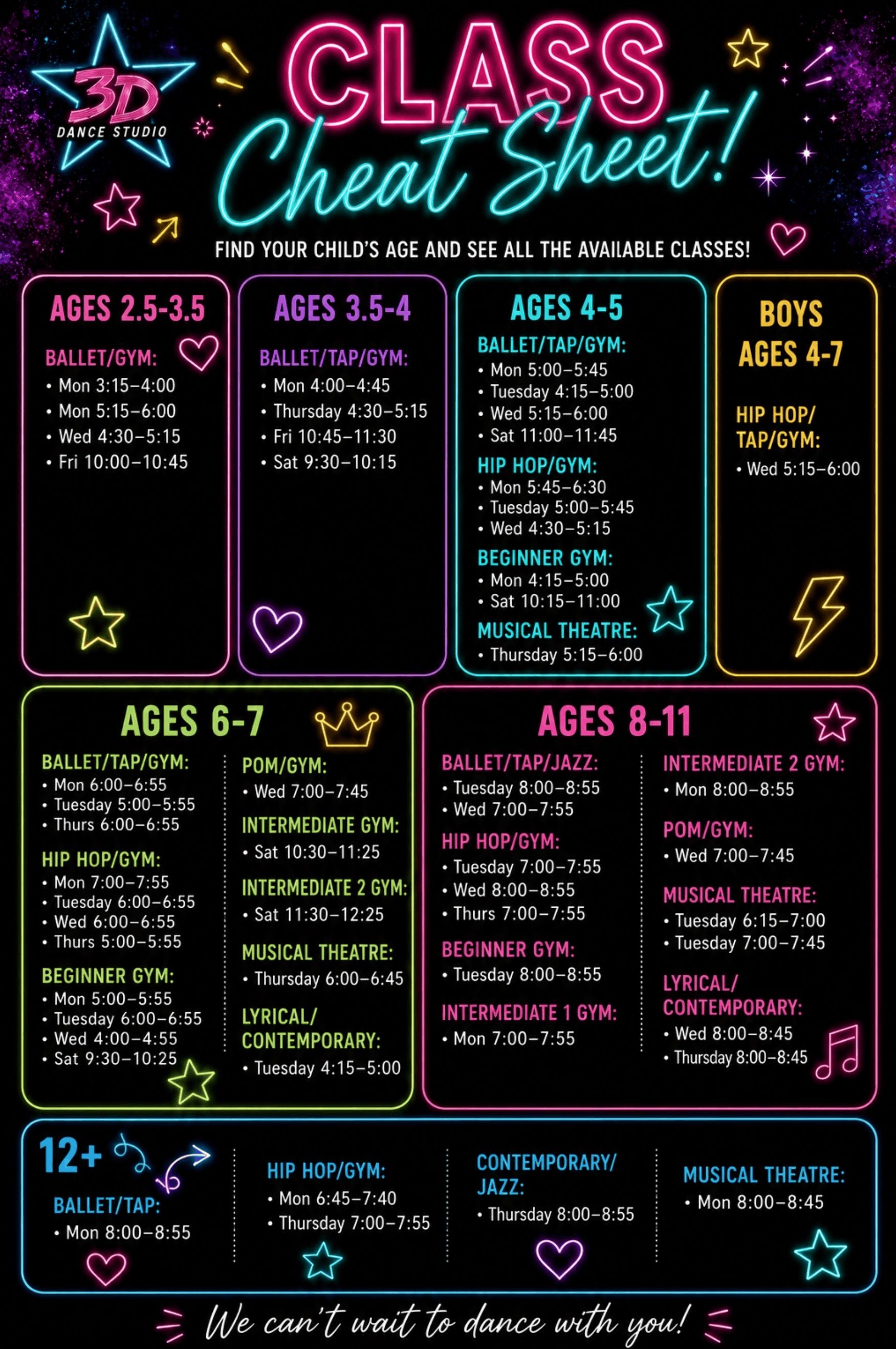 Colorful classroom cheat sheet poster with class rules, tips, and sections for ages 2–12+ on a black background
