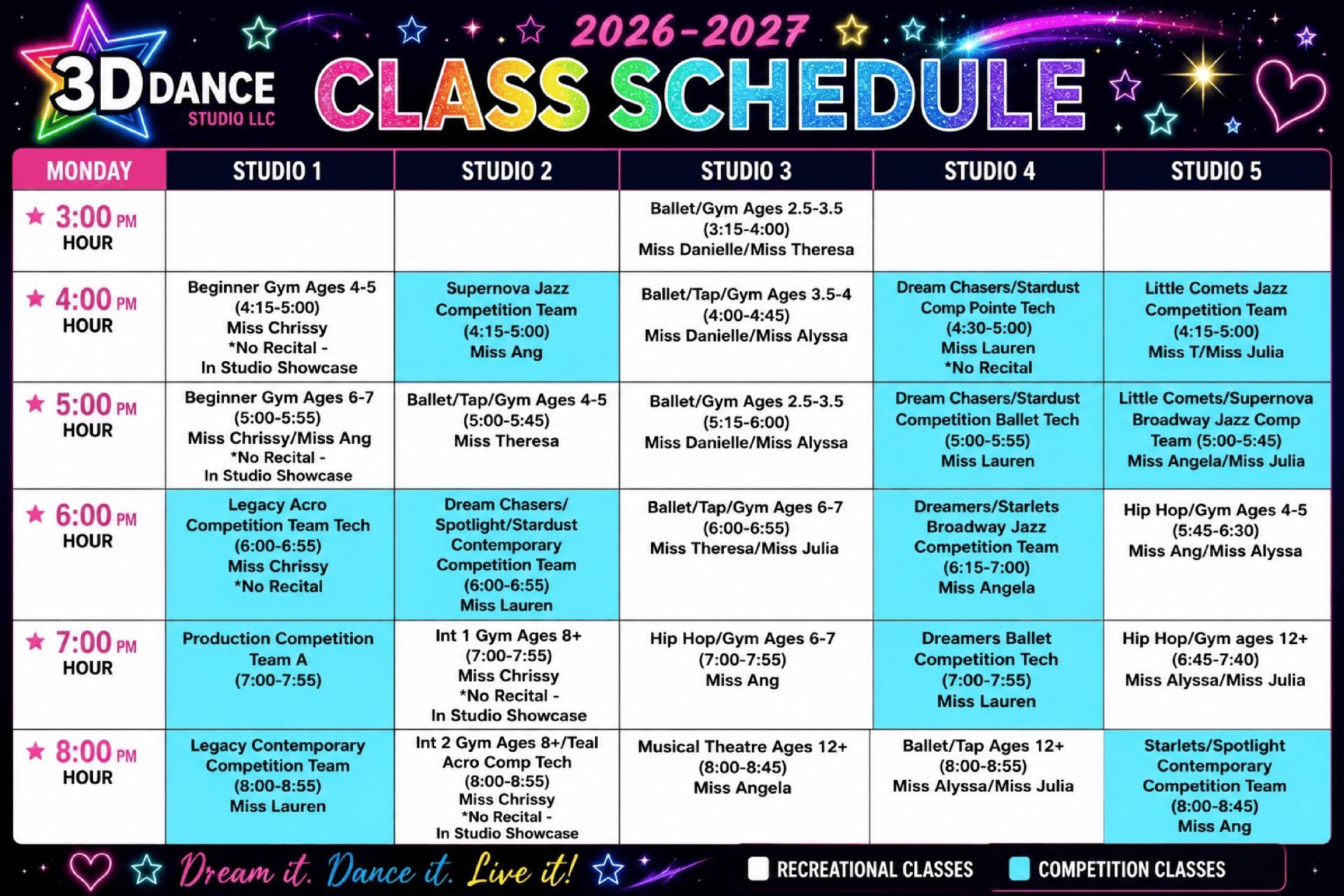 3D Dance class schedule poster with colorful weekly timetable and session times