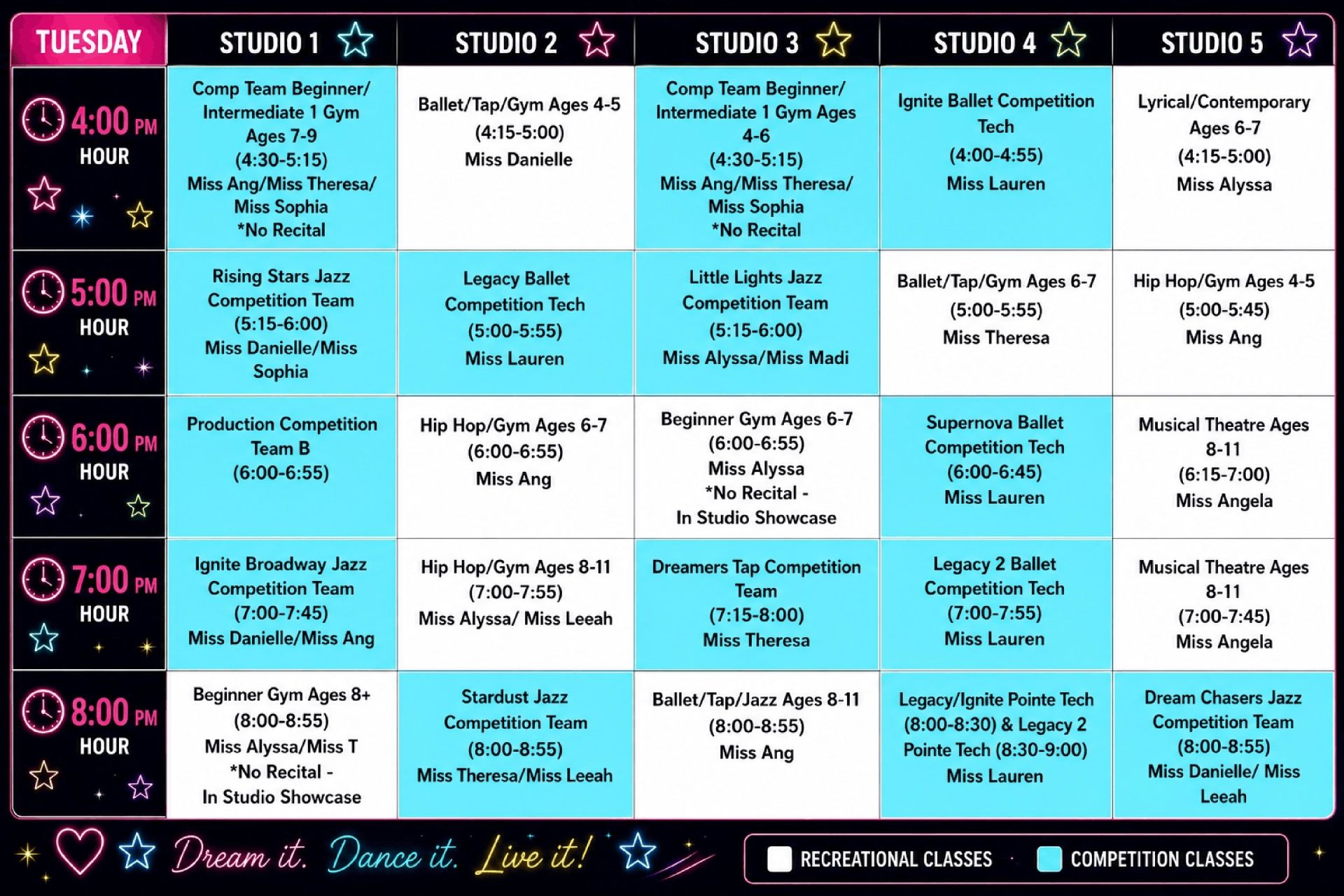 Weekly class schedule chart with colorful studio blocks and times on a black background