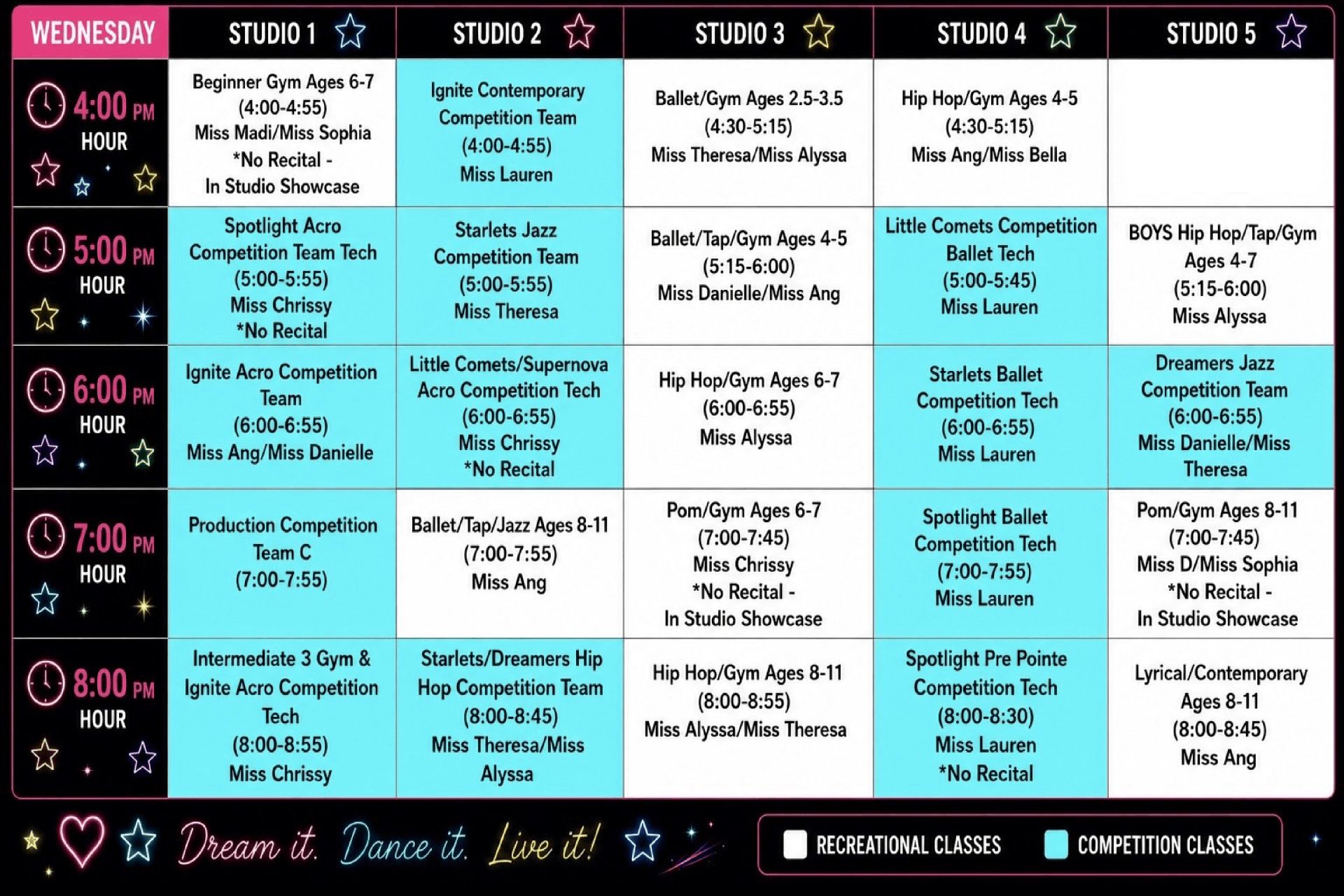 Weekly TV schedule grid with colorful channel columns, show times, and program titles on a dark background