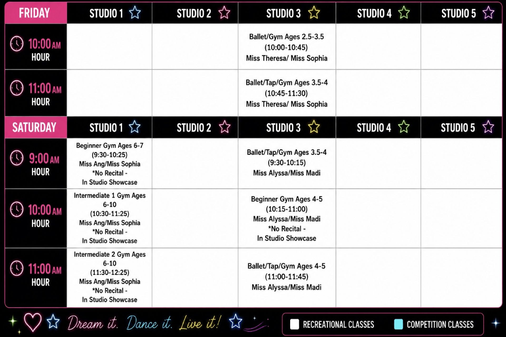 Weekly class schedule grid with Friday and Saturday columns, showing times and activities in black, pink, and white.