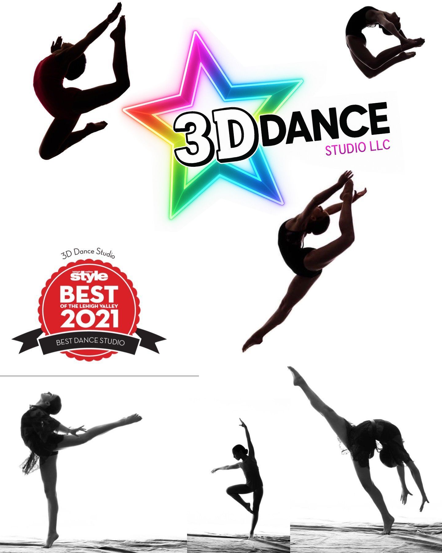 A collage of silhouettes of female dancers with a star in the background.