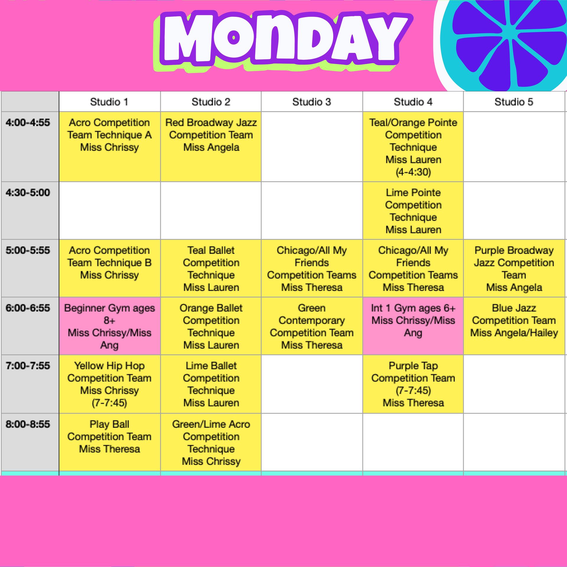 A Monday schedule for a dance studio