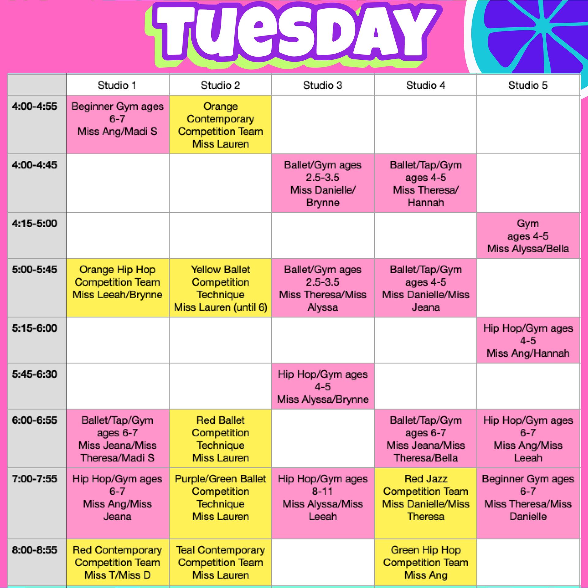 A Tuesday schedule for a dance studio