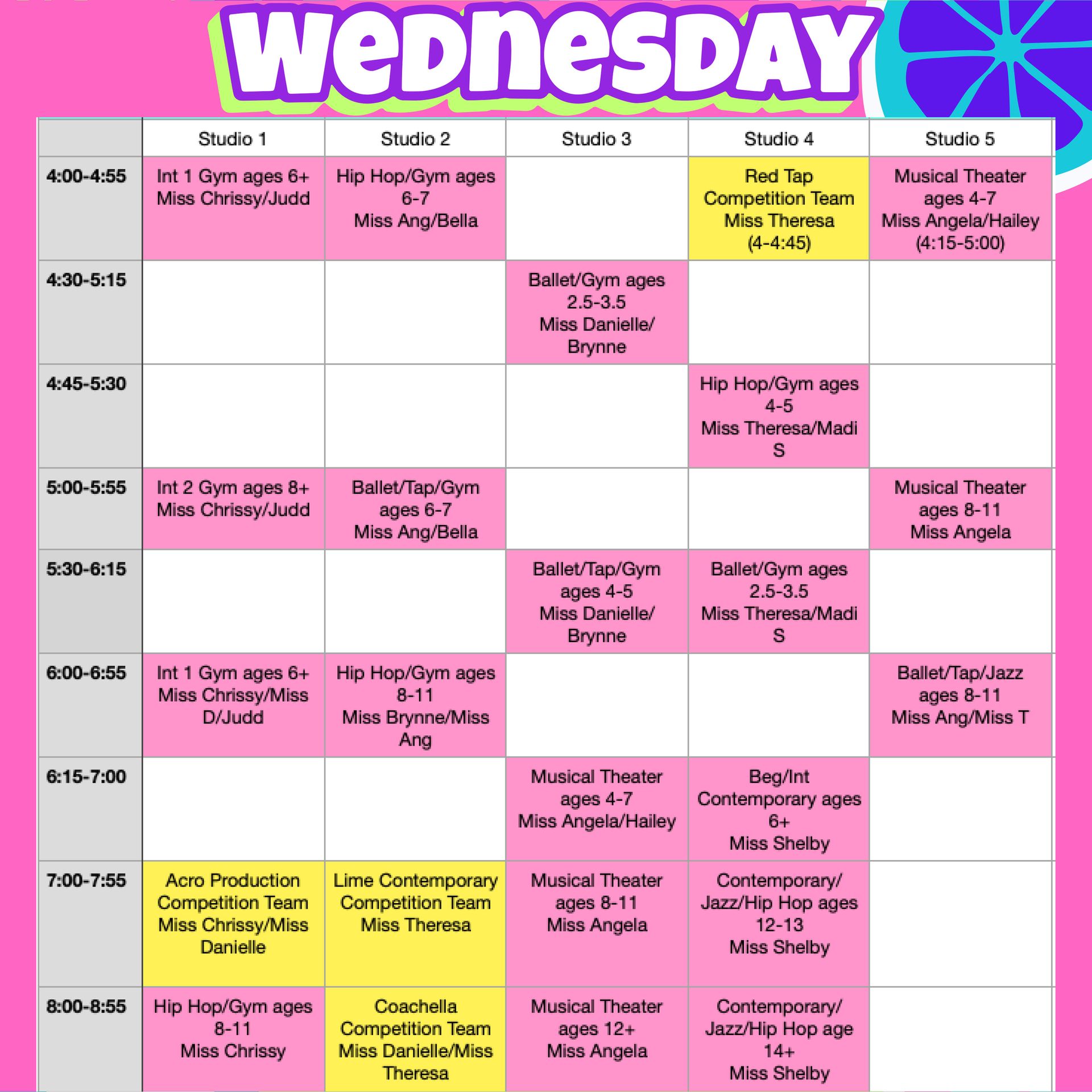 A schedule for Wednesday shows a variety of classes