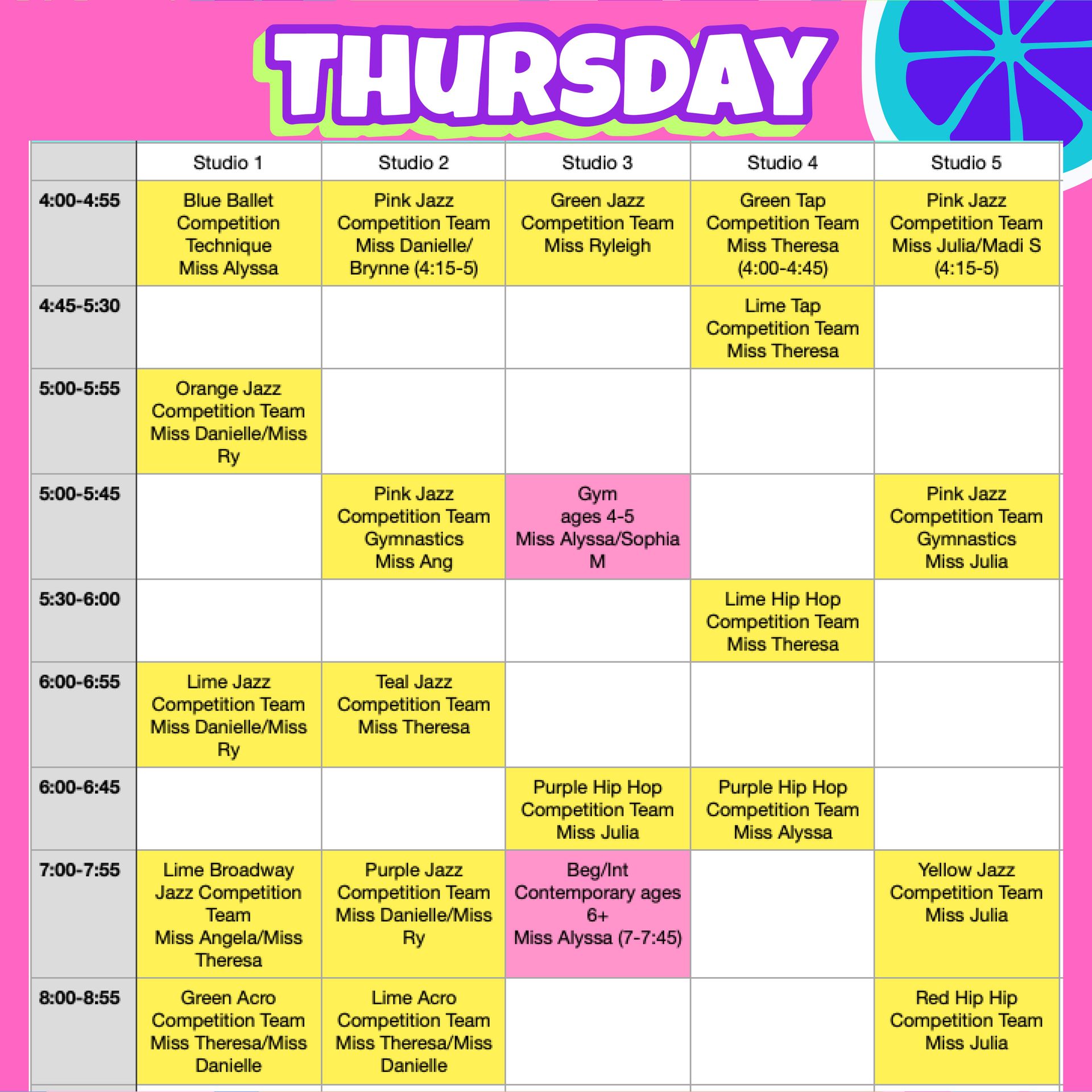 A schedule for Thursday is shown on a pink background