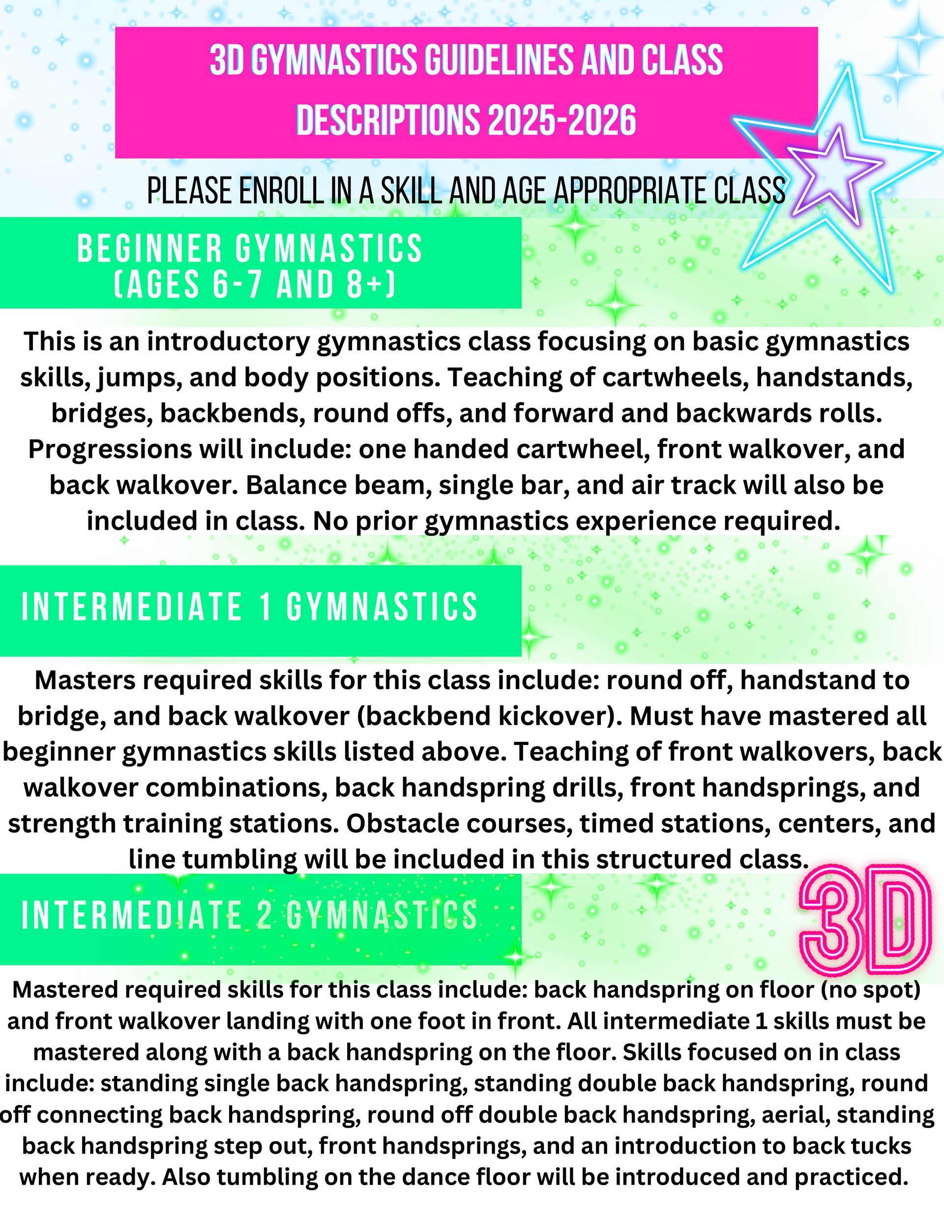 A poster for 3d gymnastics guidelines and class.