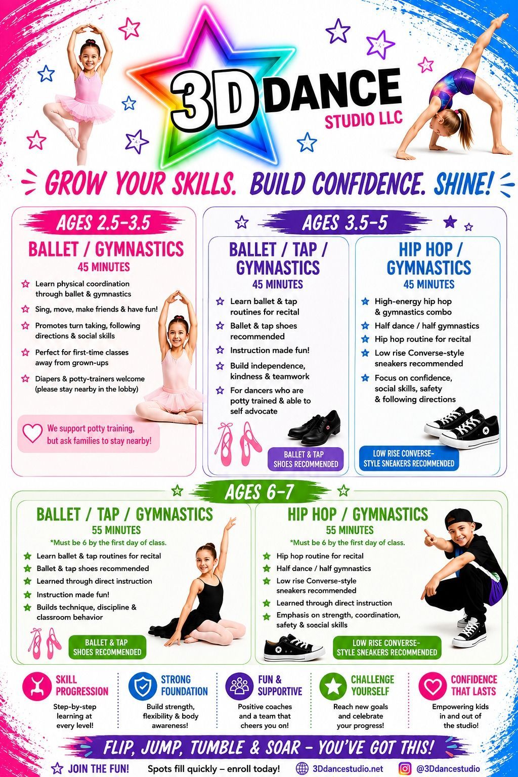 3D Dance Studio class poster for ballet, gymnastics, and hip hop in pink, white, and blue sections