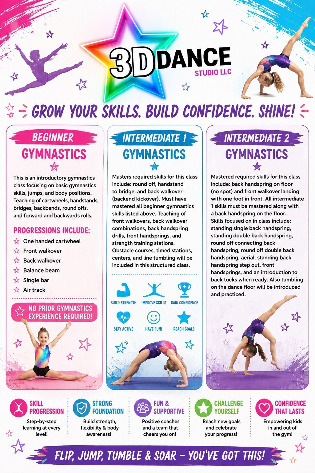 3D Dance gymnastics poster with colorful sections for beginner and intermediate skills and poses