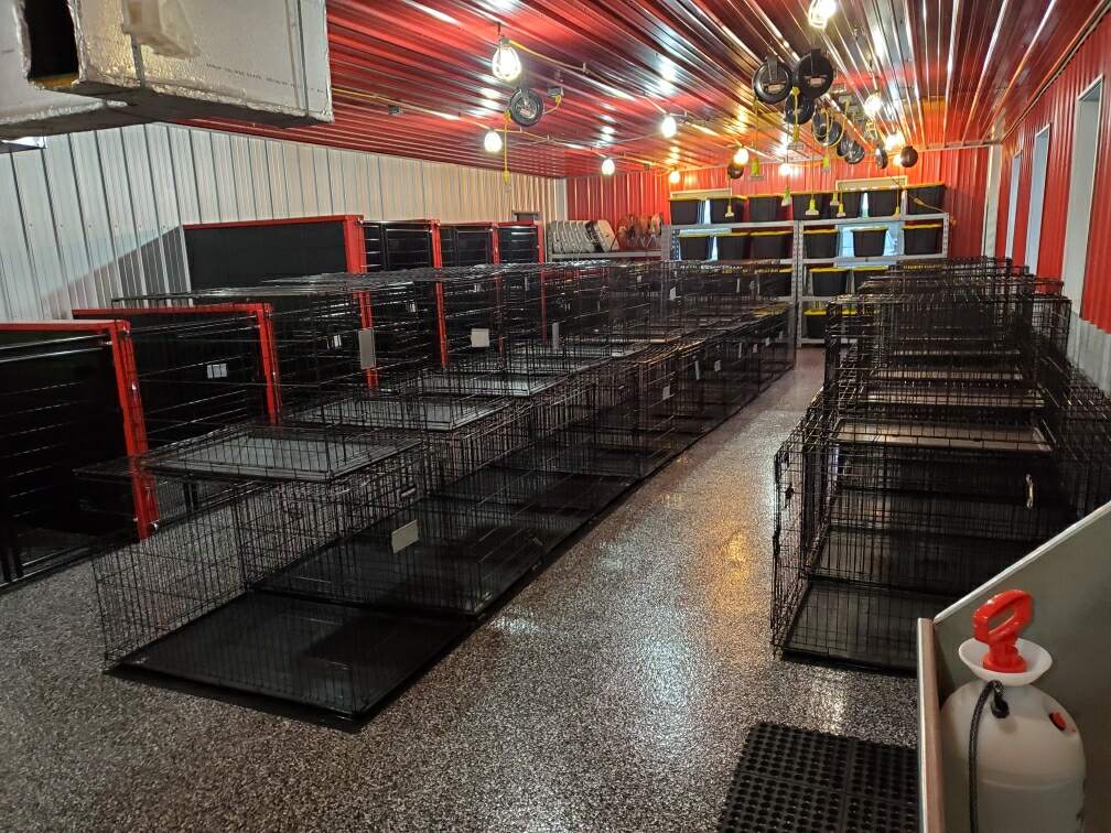 A large room filled with lots of cages and a fire extinguisher.