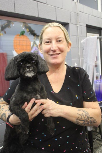 A woman is holding a small black dog in her arms.
