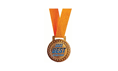 Gold medal with orange ribbon; reads 