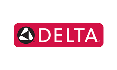 Delta logo: Red rectangle with the Delta name in white letters and a black and white triangle symbol.