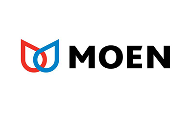 Moen logo: Red and blue water droplet graphic with 