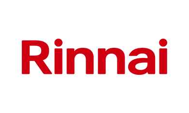 Rinnai logo: Red text on white background. The company name 
