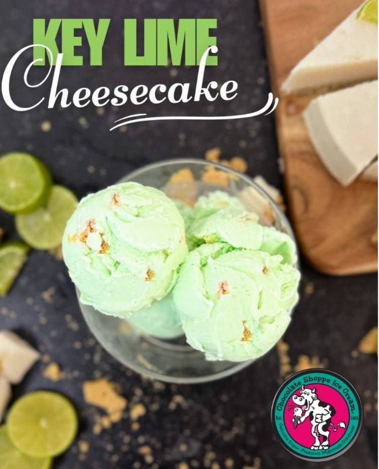 Key lime cheesecake ice cream in a glass bowl.