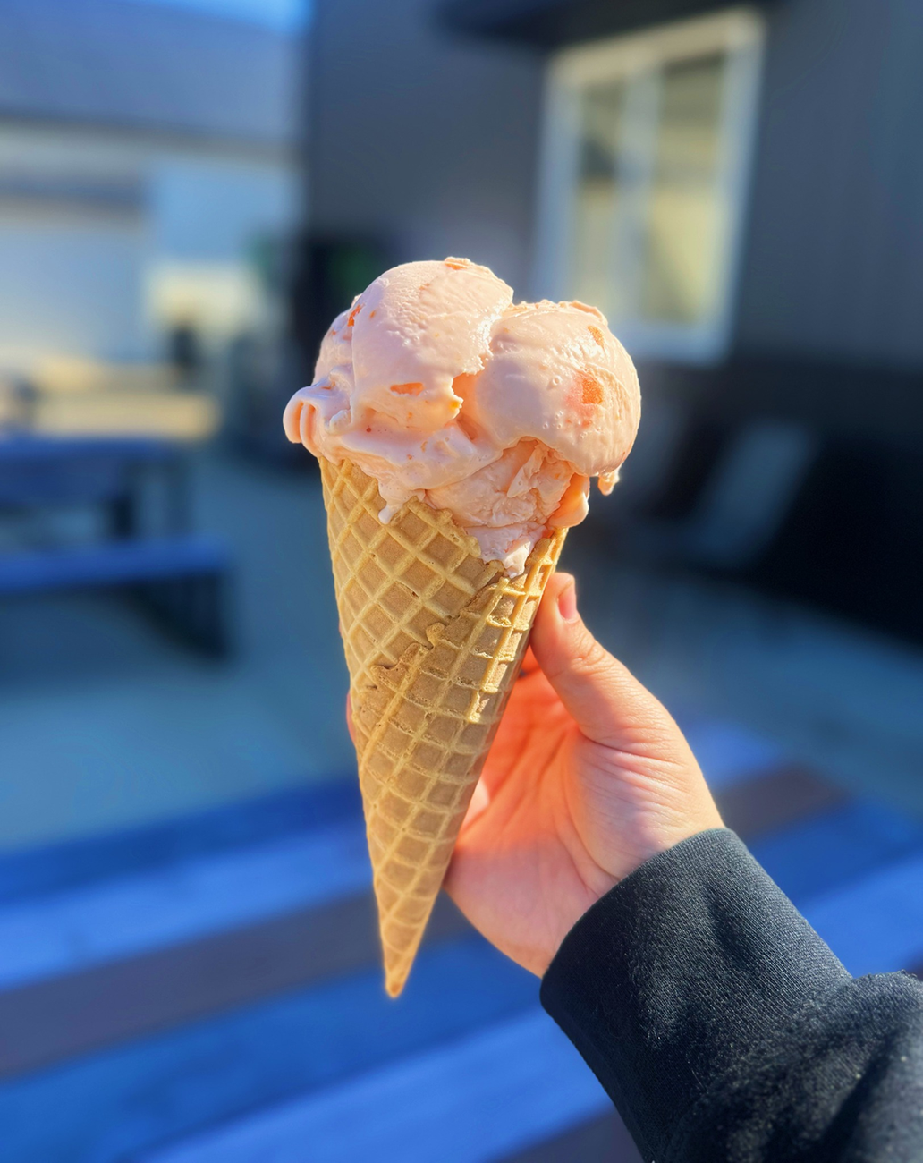 A person is holding an ice cream cone in their hand.