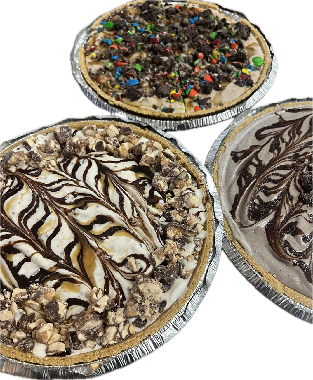 Three pies are sitting on top of each other on a white background.