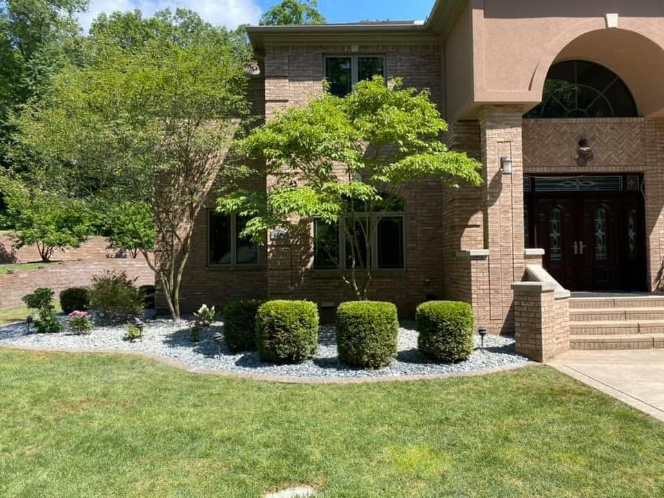 A brick house with green lawn and landscaping, including a manicured tree and bushes.