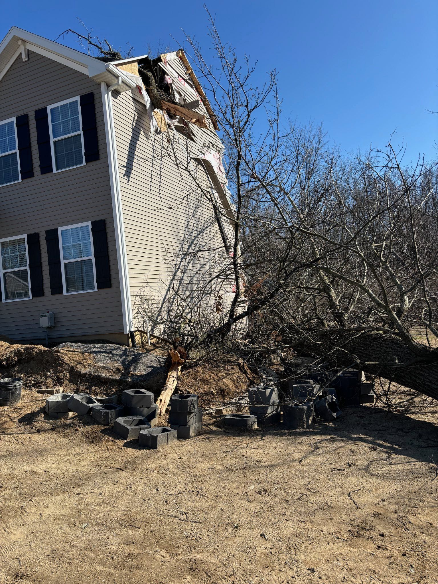 Tree fallen on house; damage to roof, exterior wall. Debris at base of house. Clear sky.