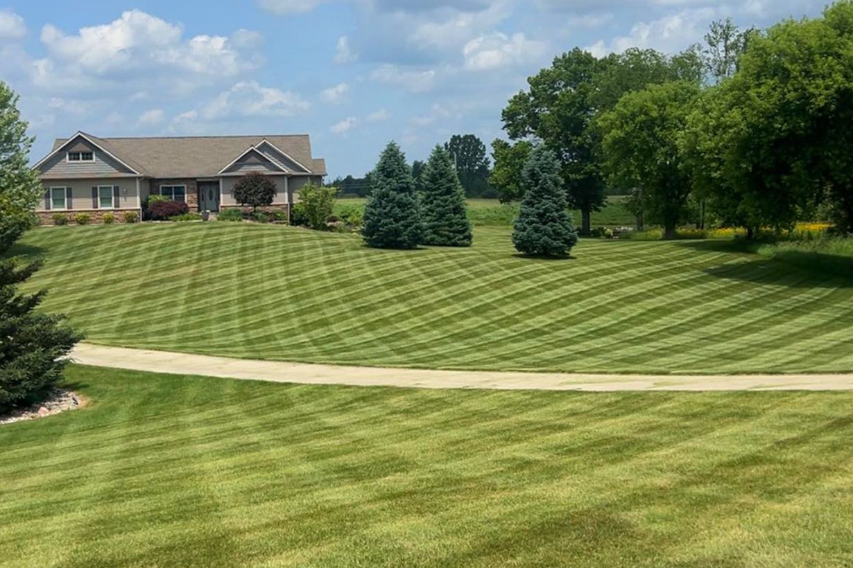 House with striped lawn, trees, and a curving gravel driveway on a sunny day.