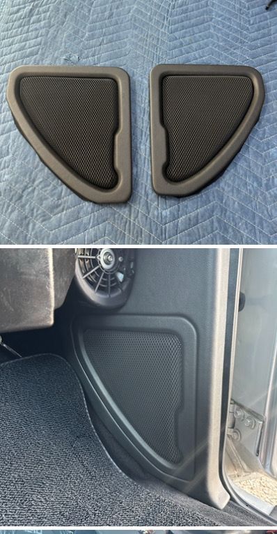 Two black speaker grilles and one installed in a vehicle door.