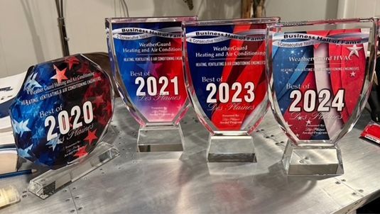 Three trophies are sitting on a table with the years 2020, 2021, and 2024 on them