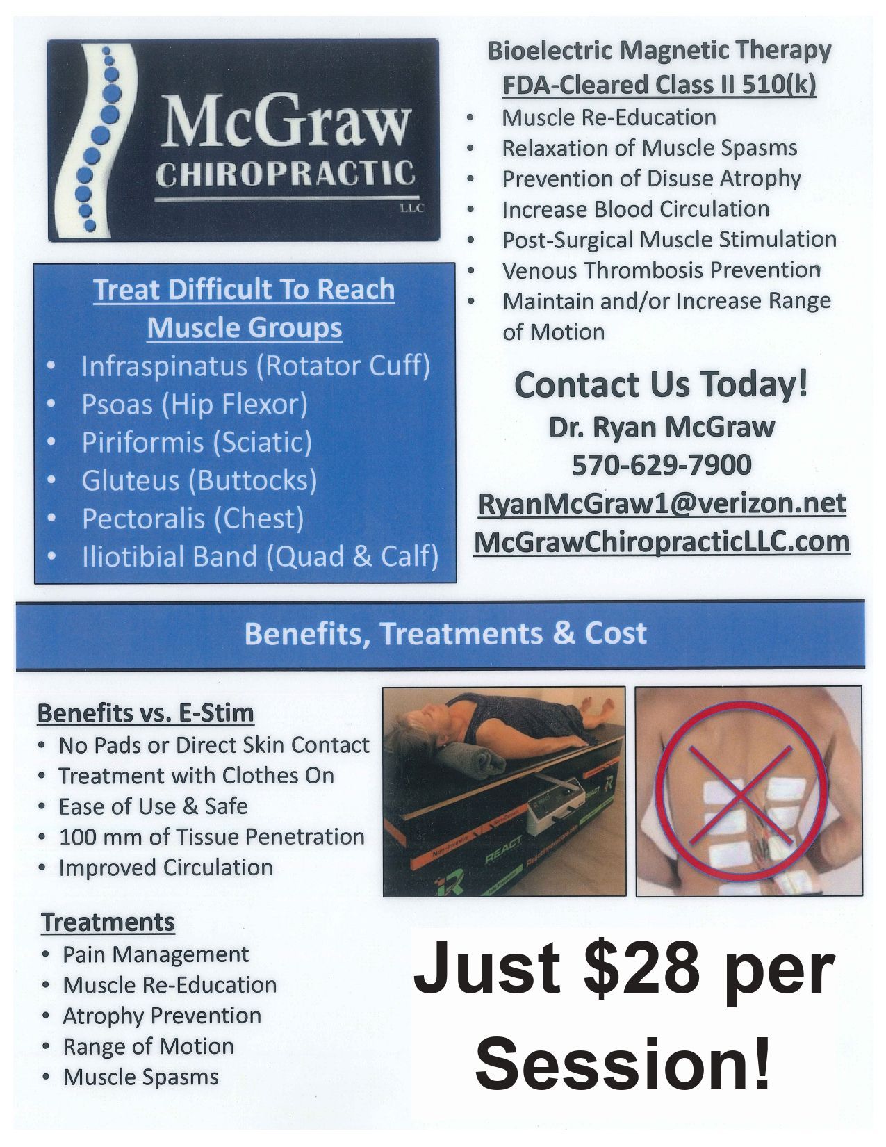 The McGraw Chiropractic ad offers Bioelectric Magnetic Therapy for muscle issues. Includes treatment details and session price.