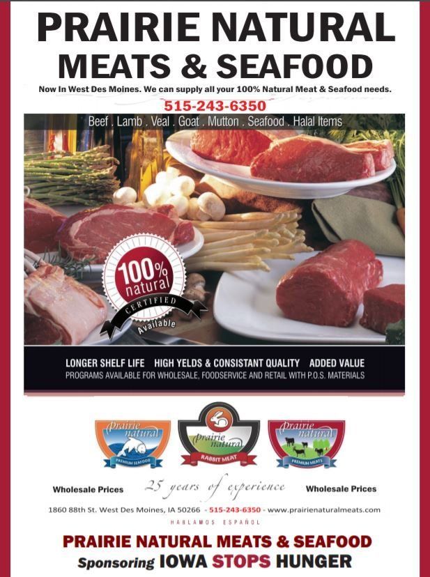 Advertisement for Prairie Natural Meats & Seafood featuring meat products, contact info, and 