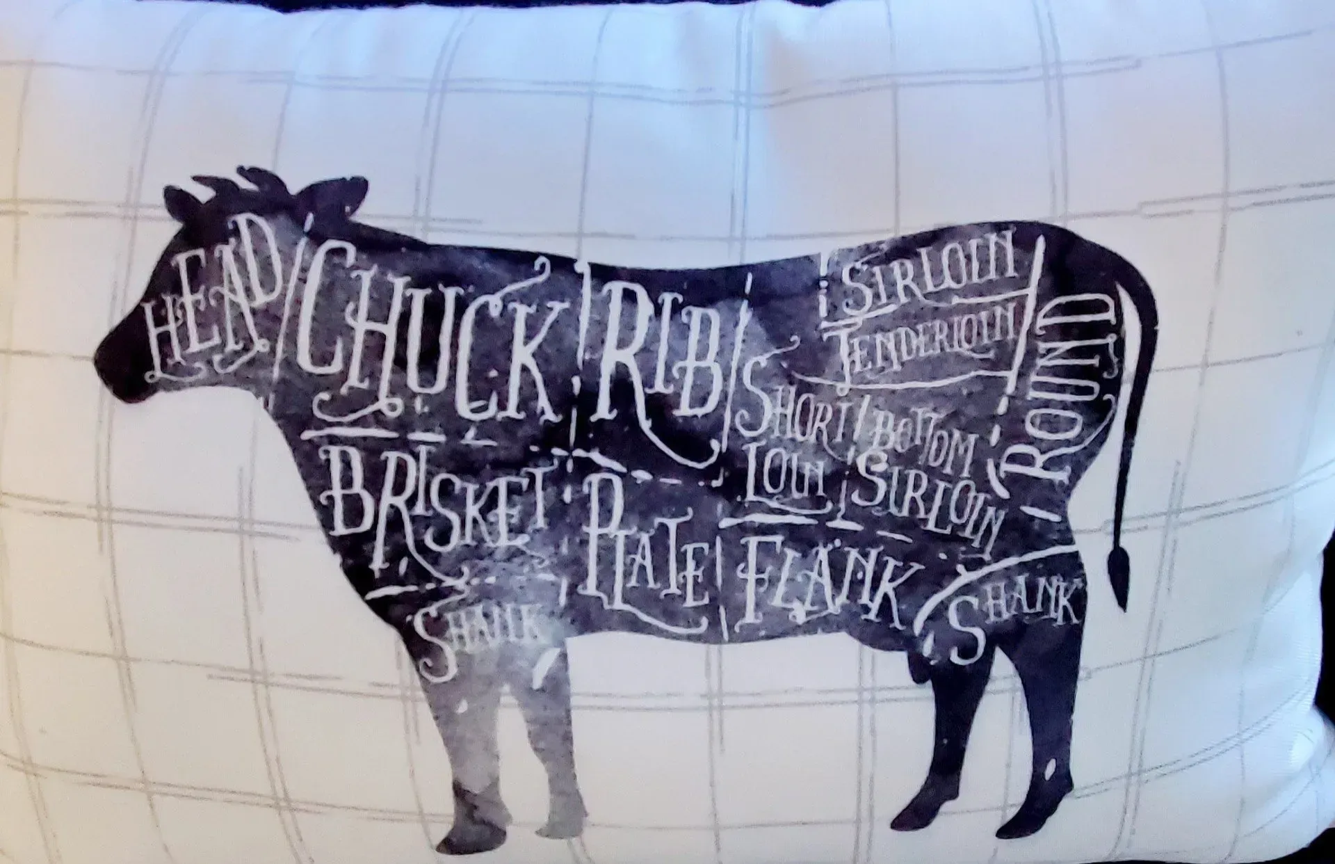 Cow diagram, black ink on white pillow, labels beef cuts: Head, Chuck, Ribs, Brisket, Sirloin, Round.