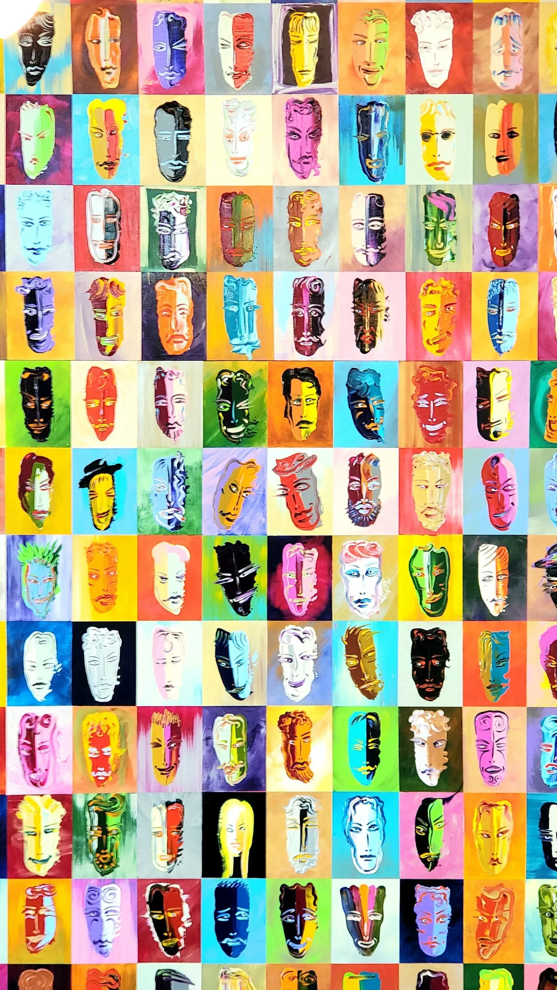Colorful grid of diverse masks with various expressions.