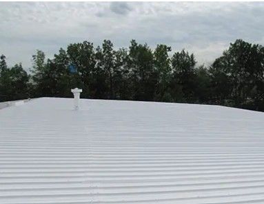 A white roof with a chimney on top of it and trees in the background.
