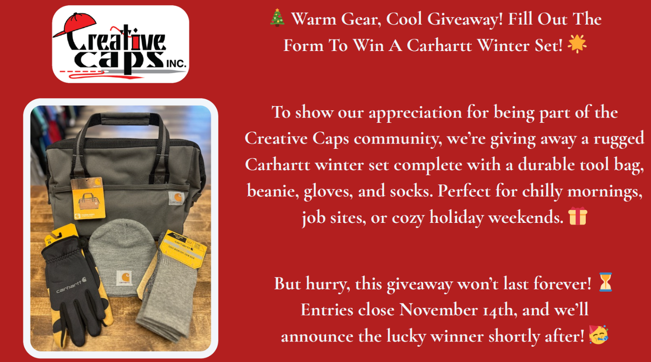 Carhartt winter set giveaway bag, hat, gloves, socks on red background.