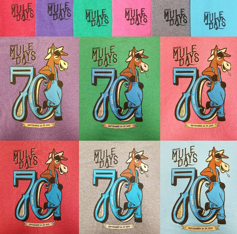 A collage of mule days shirts in different colors.