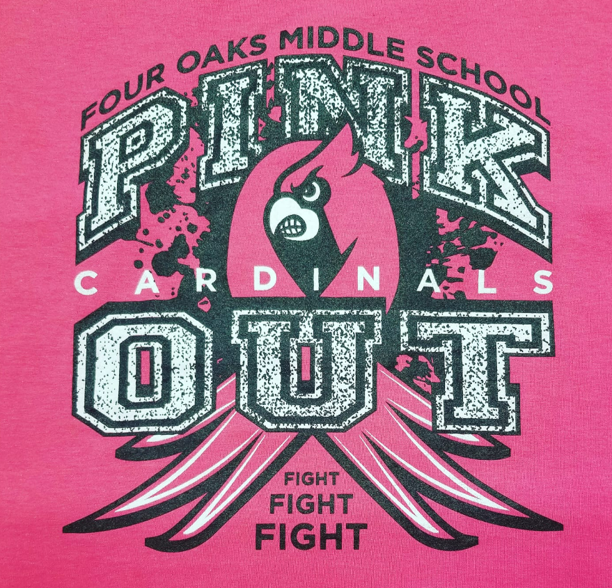 A pink shirt that says four oaks middle school pink out.